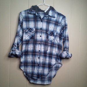 R n B Rich And Beautiful Shirt L Long Tab Sleeve Hood Plaid Blue Gray